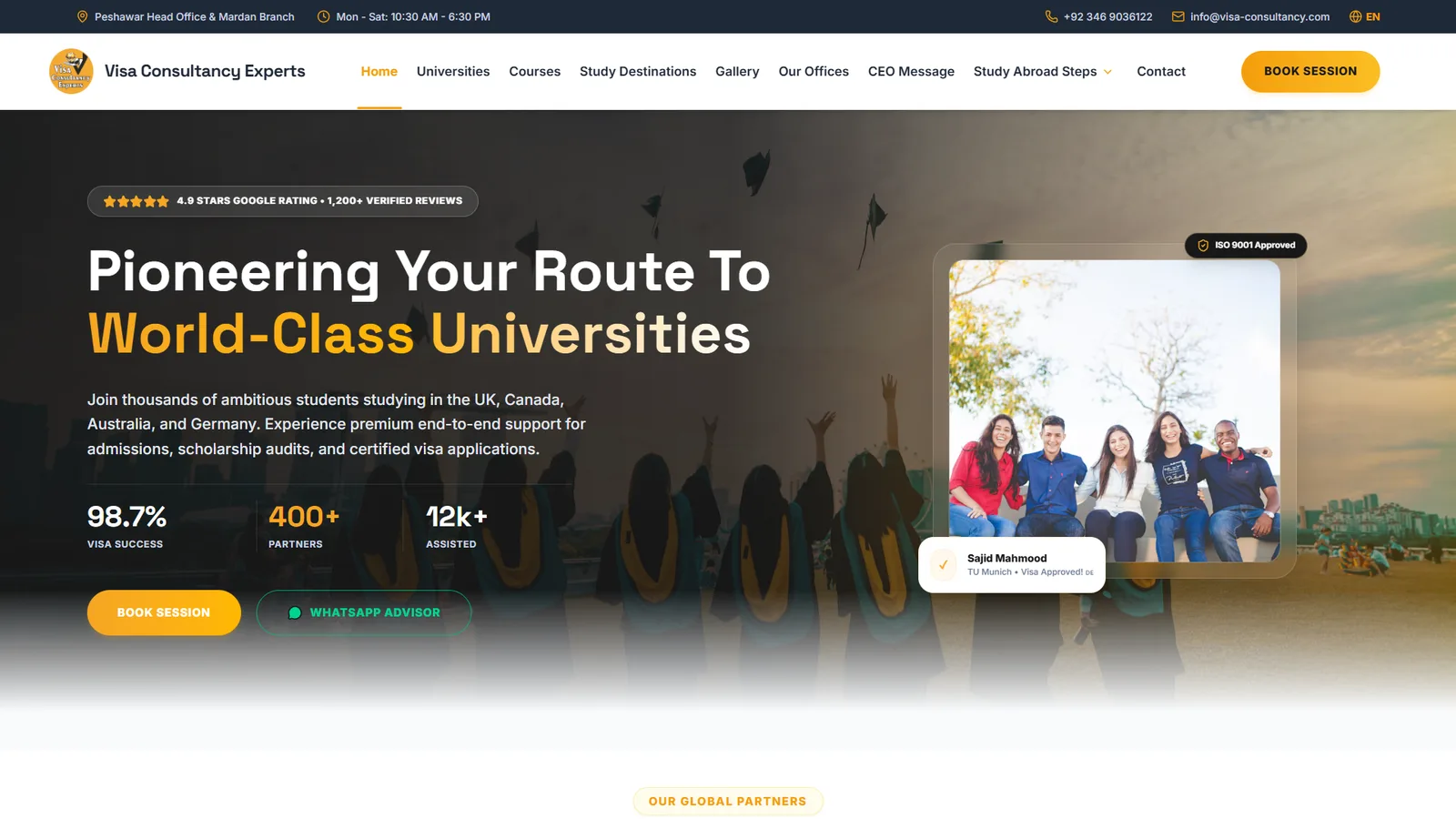 Visa Consultancy Experts home page: headline “Pioneering Your Route To World-Class Universities” with Book Session and WhatsApp buttons